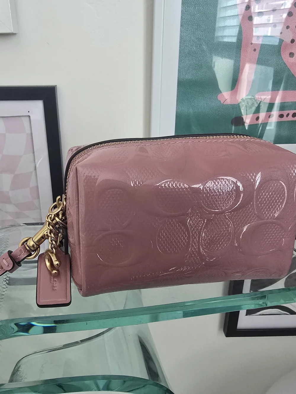 Authentic Coach Pink Leather Cosmetic Pouch With Charm